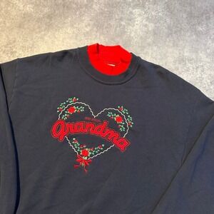 Vintage Grandma Heart Embroidered Sweatshirt Navy Red Mock Neck LG Made USA